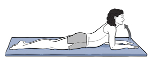 Woman lying on stomach with torso raised and arms bent with palms on floor. 